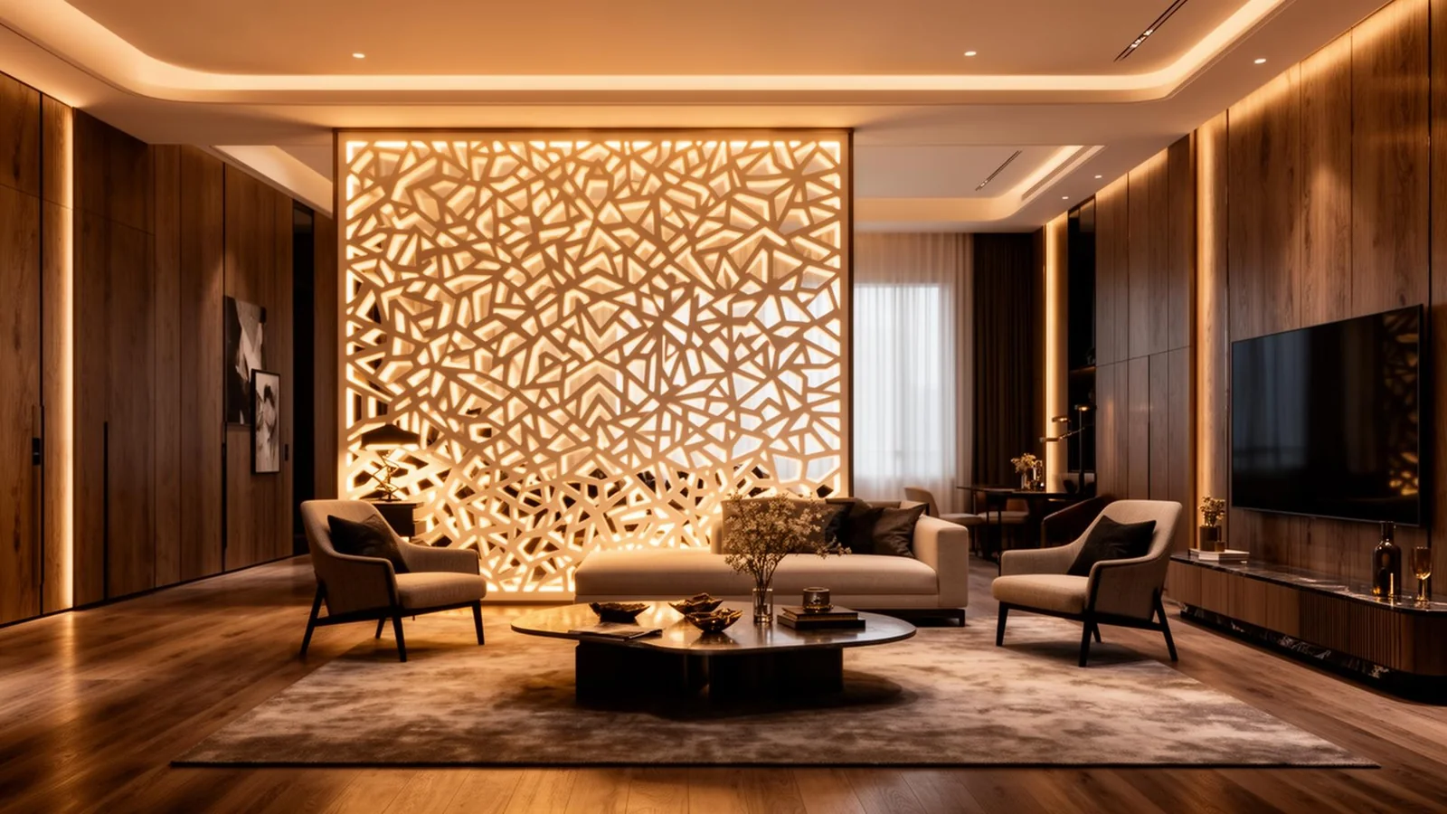 Sala premium com painel vazado moderno iluminado