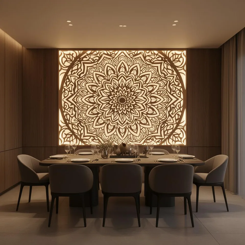 Painel mandala vazado iluminado em ambiente sofisticado